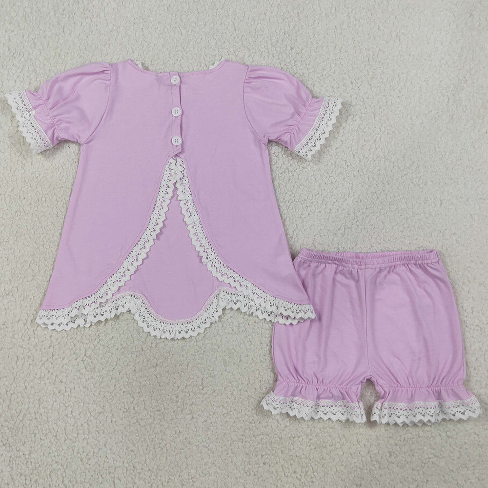 Baby Girls Clothes Lavender Short Sleeve Lace Scallop Tunic Ruffle Short Clothes Set GSSO3681