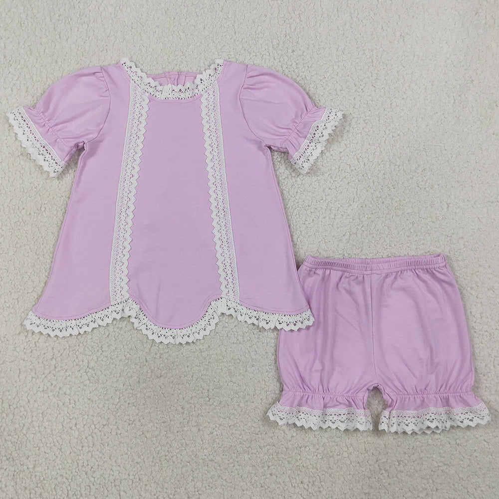 Baby Girls Clothes Lavender Short Sleeve Lace Scallop Tunic Ruffle Short Clothes Set GSSO3681