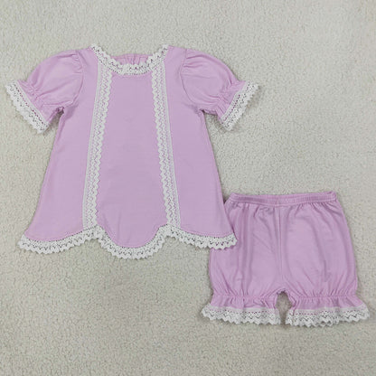 Baby Girls Clothes Lavender Short Sleeve Lace Scallop Tunic Ruffle Short Clothes Set GSSO3681