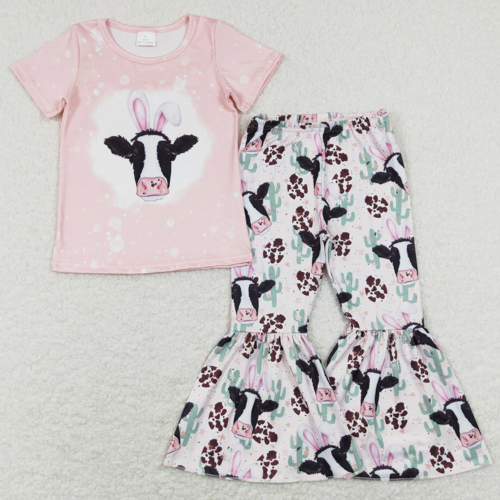 Hot Sale Kids Girls Clothes Bunny Cow Print Cute Girls Bell Pants Sets GSPO1152