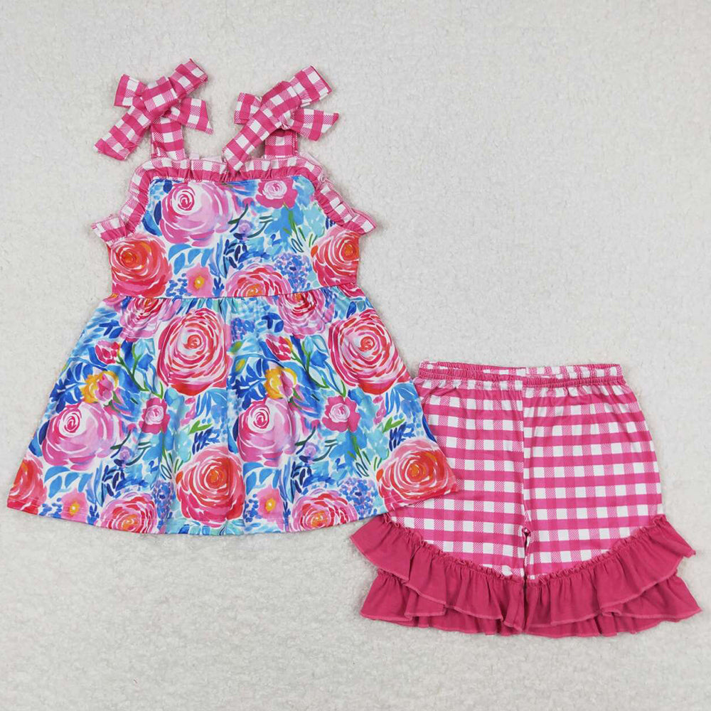 Summer Baby Girls Clothes Flower Print Cute Girls Tunic Tops Shorts Sets GSSO0700