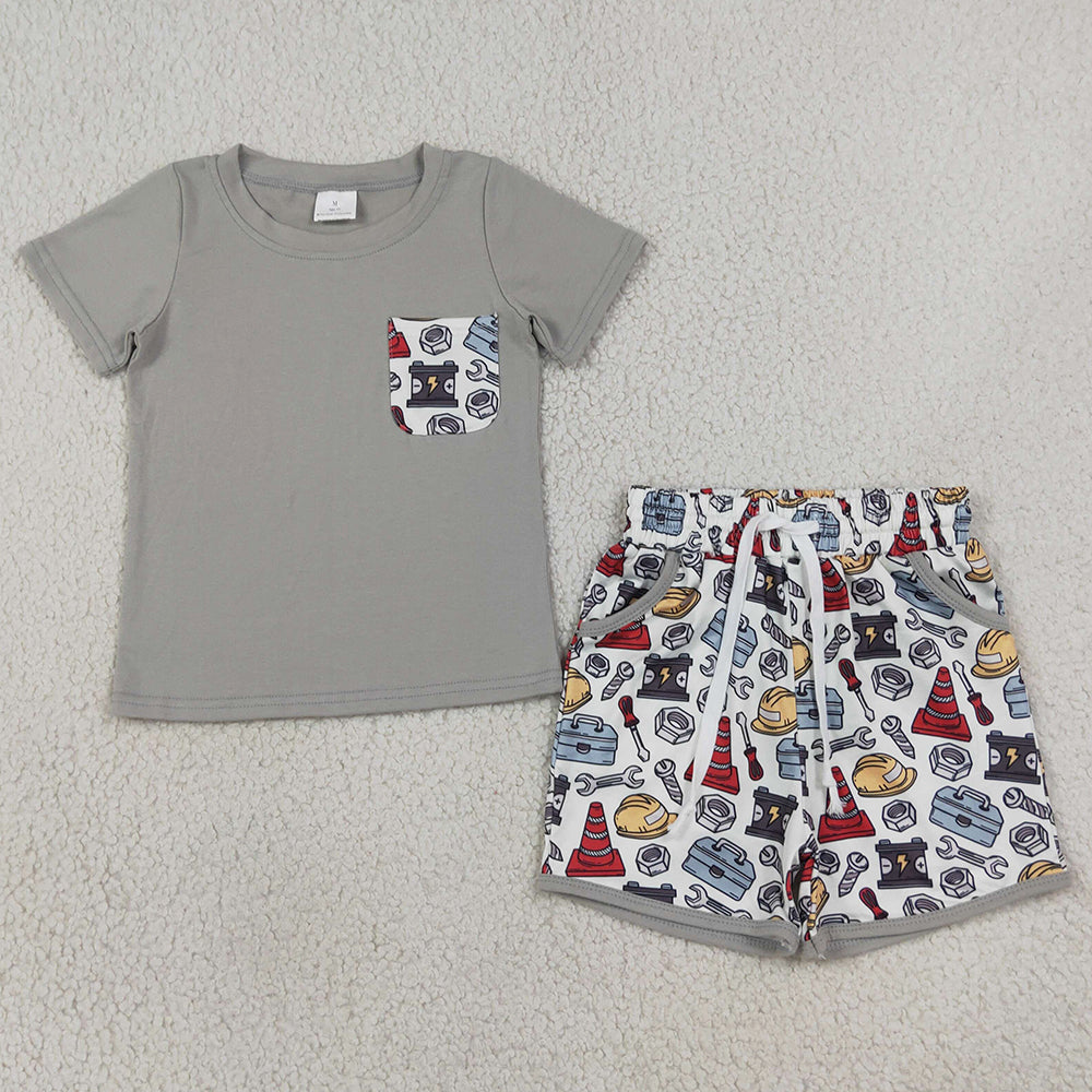 Baby Boys Clothes Short Sleeve Shirt Top Tools Boxes Pockets Short Clothes Set BSSO2005