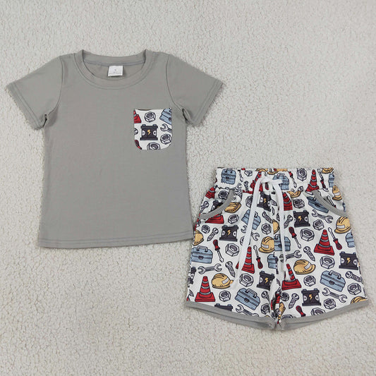 Baby Boys Clothes Short Sleeve Shirt Top Tools Boxes Pockets Short Clothes Set BSSO2005