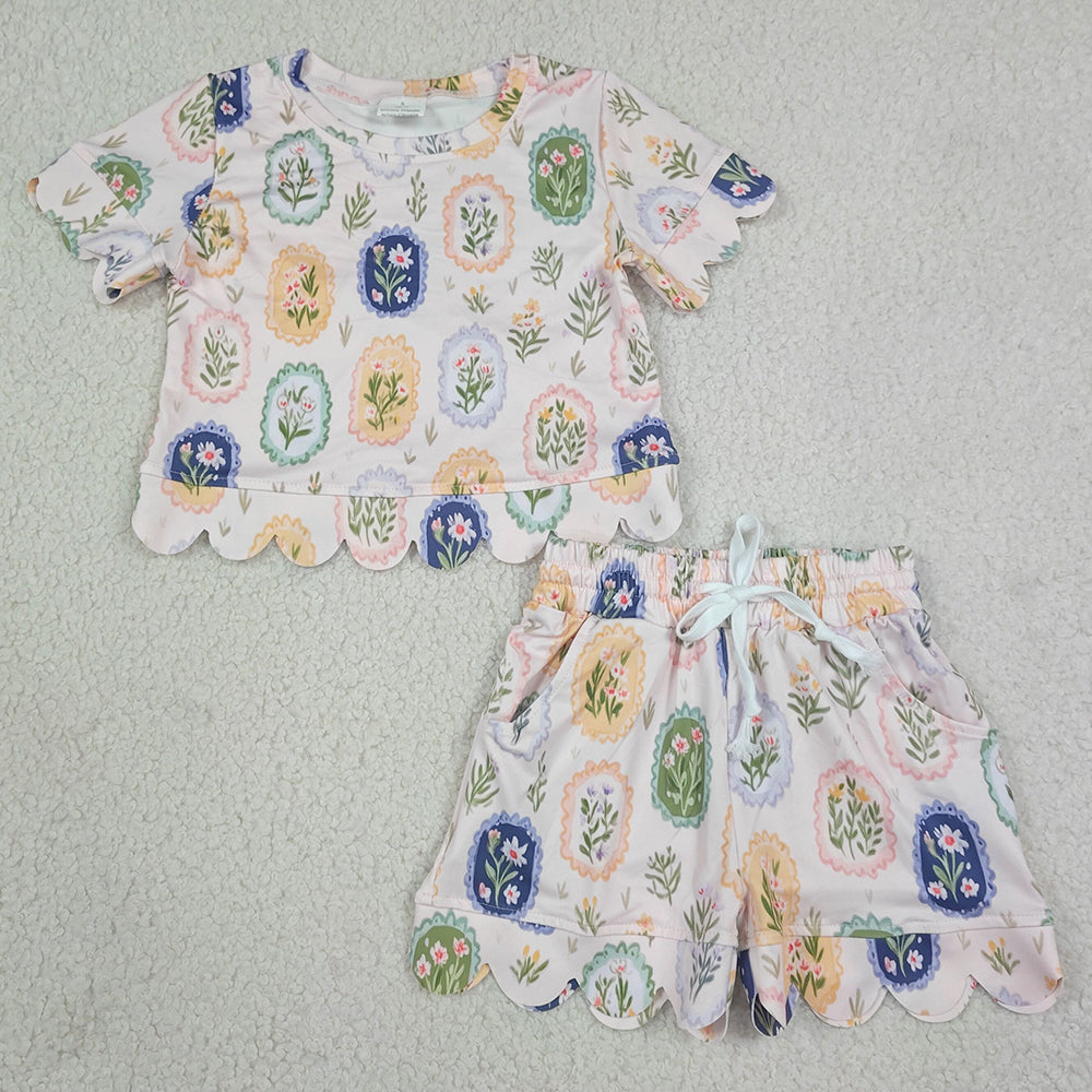 Baby Girls Clothes Colorful Flowers Tops Shorts Scallop Clothes Sets GSSO3643