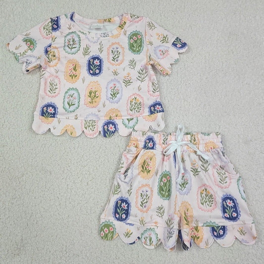 Baby Girls Clothes Colorful Flowers Tops Shorts Scallop Clothes Sets GSSO3643