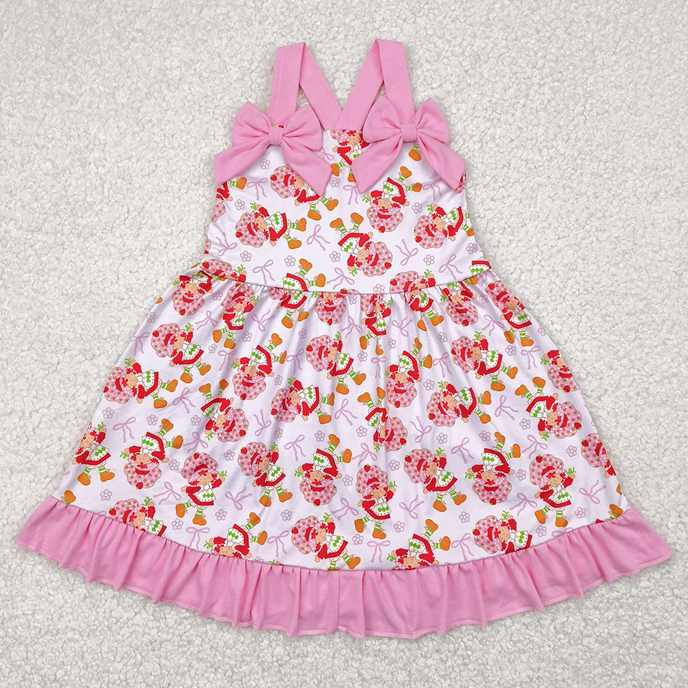 Baby Girls Dress Pink Strap Bows Strawberry Floral Knee Length Dresses GSD2213 4.21