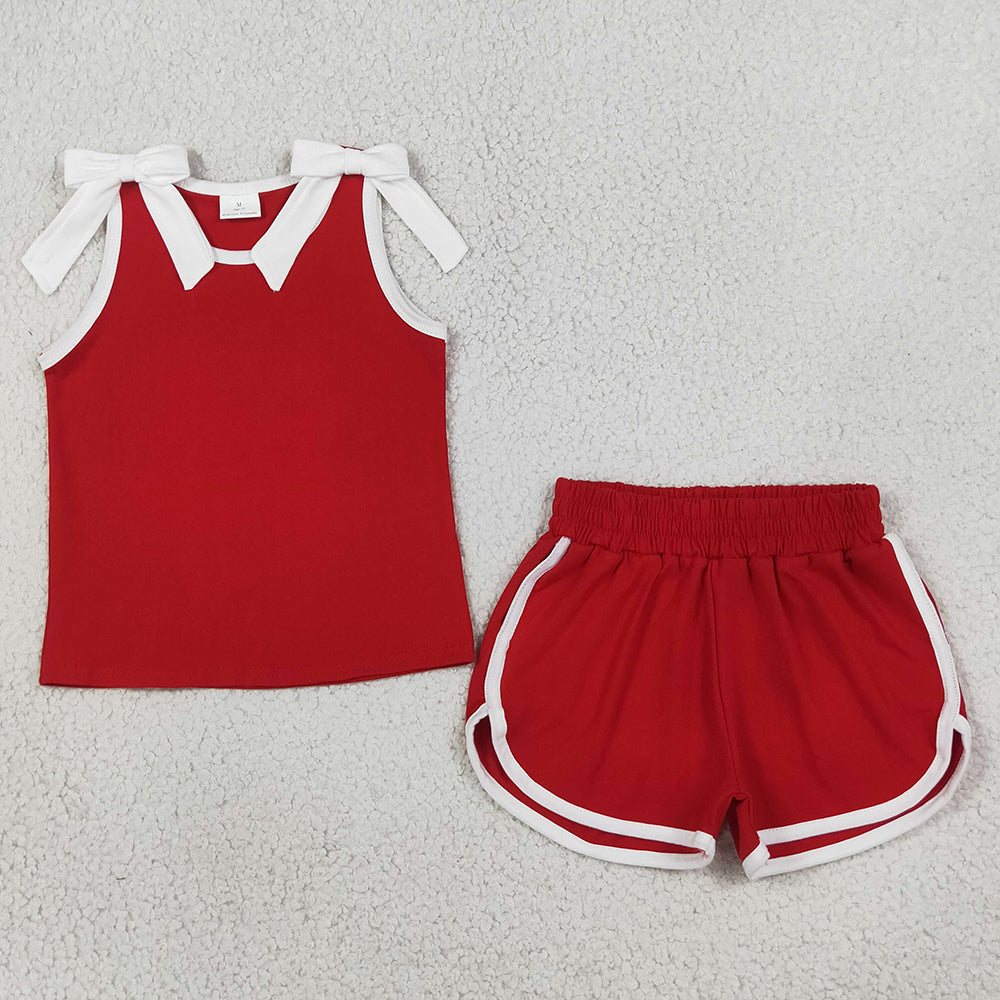 Baby Girls Clothes Red White Bows Sleeveless Top Short Clothes Sets GSSO3821