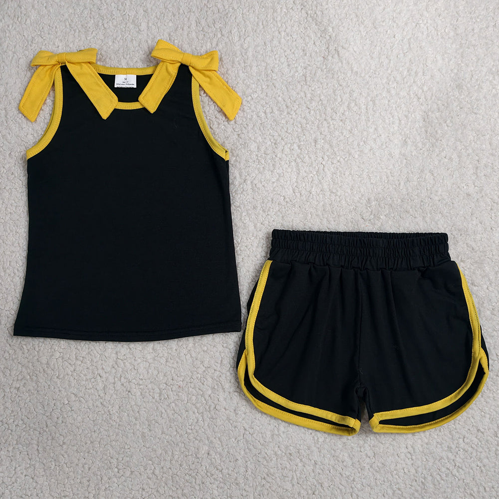 Baby Girls Clothes Yellow Bows Black Sleeveless Top Short Clothes Sets GSSO3823