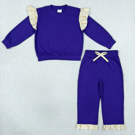 Baby Girls Purple Flutter Sleeve Top Pockets Ruffle Pant Clothes Set GLP3699