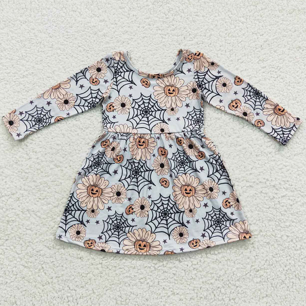 Halloween Girls Dress Long Sleeve Pumpkin Print Boutique Dresses GLD0195