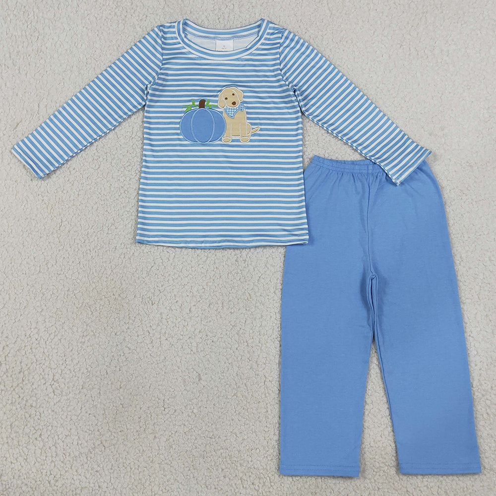 Baby Boys Clothes Embroidery Pumpkin Dogs Blue Stripe Top Pants Fall Clothes Sets BLP1500