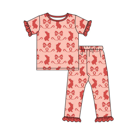 Preorder (moq 8)Baby Girls Red Bows Rabbits Top Ruffle Pants Easter Pajamas Sets 9.17