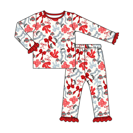 Preorder MOQ 5 Long sleeves red O bow kids girls team pajamas 8.27