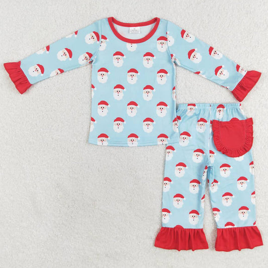 Baby Girls Pajamas Christmas Blue Red Santa Claus Shirt Top Ruffle Pants Pajamas Sets GLP1277