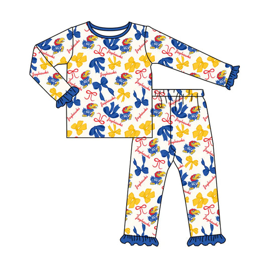 Preorder MOQ 5 Long sleeves K U blue bow kids girls team pajamas 8.25