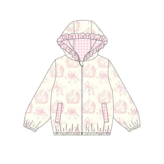 Preorder (moq 8)Baby Girls Pink Flowers Rabbits Pockets Zipper Easter Ruffle Hoodies Jackets Top 9.19