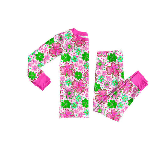 Preorder(moq 8)Baby Girls Pink Green Clovers Flowers Top Pant St Patrick Pajamas Sets 9.29