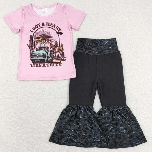 Baby Girls Clothes Valentines Truck Top Leopard Bell Bottom Pants Sets GSPO1192