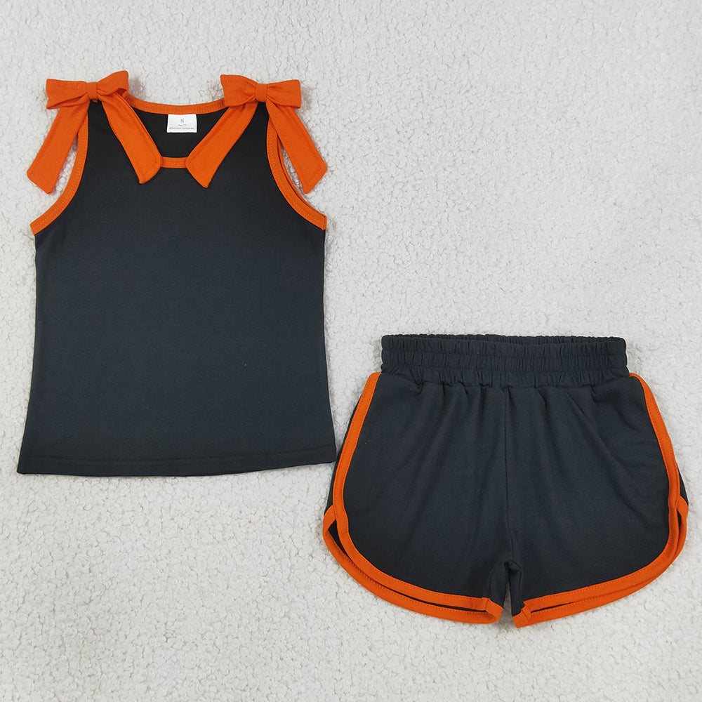 Baby Girls Clothes Black Orange Bows Sleeveless Top Short Clothes Sets GSSO3822