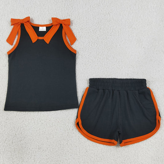 Baby Girls Clothes Black Orange Bows Sleeveless Top Short Clothes Sets GSSO3822