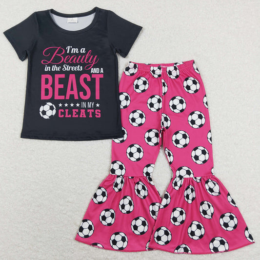 Baby Girls Clothes Black Soccer Tee Shirt Top Bell Pants Sets GSPO1262