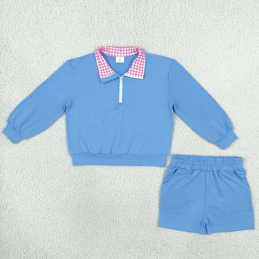 Baby Girls Clothes Blue Pink Long Sleeve Zip Pullovers Pockets Short Clothes Sets GLS0228