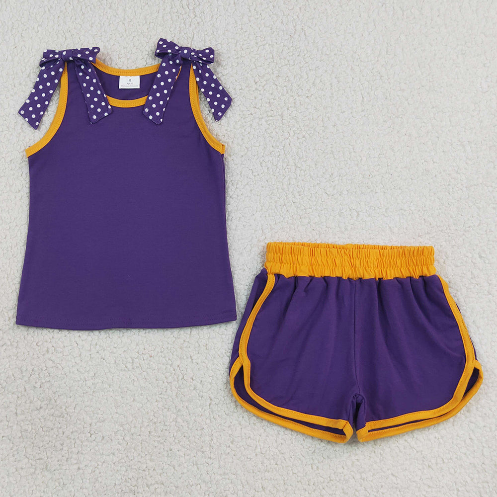 Baby Girls Clothes Purple Polka Dots Bows Sleeveless Top Short Clothes Sets GSSO3826