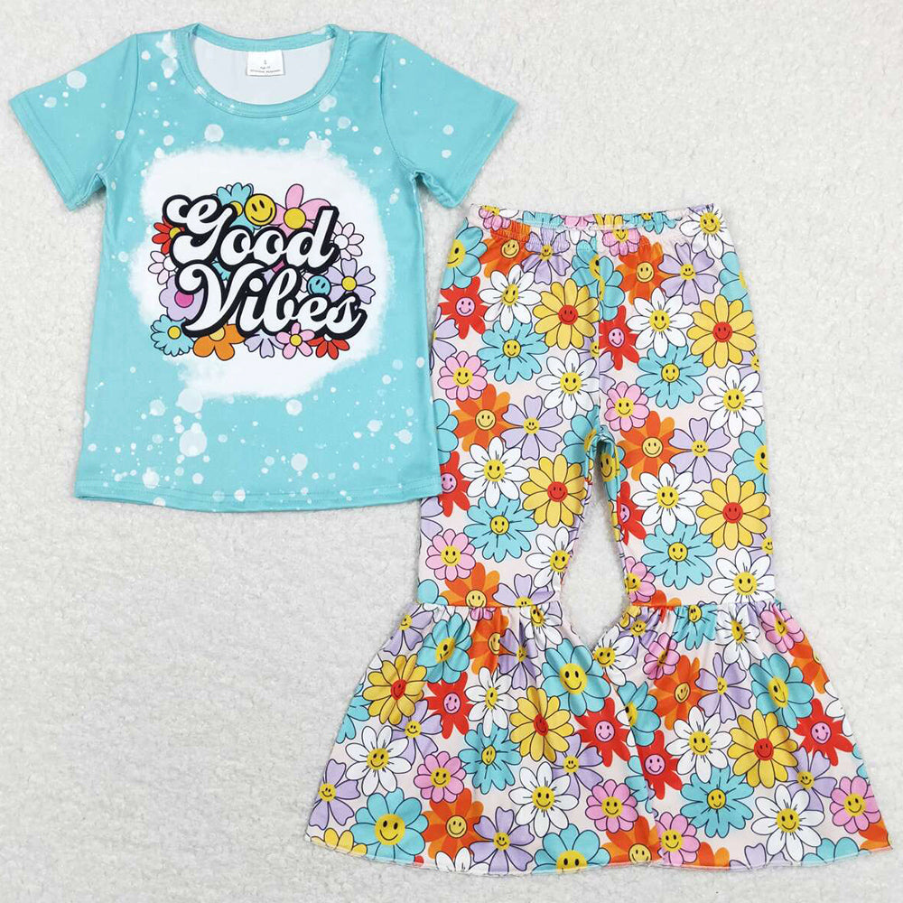 Cute Kids Girls Clothes Flower Print Spring Bell Bottom Outfits GSPO1239