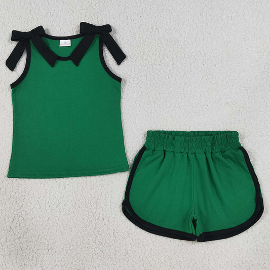 Baby Girls Clothes Green Black Bows Sleeveless Top Short Clothes Sets GSSO3825