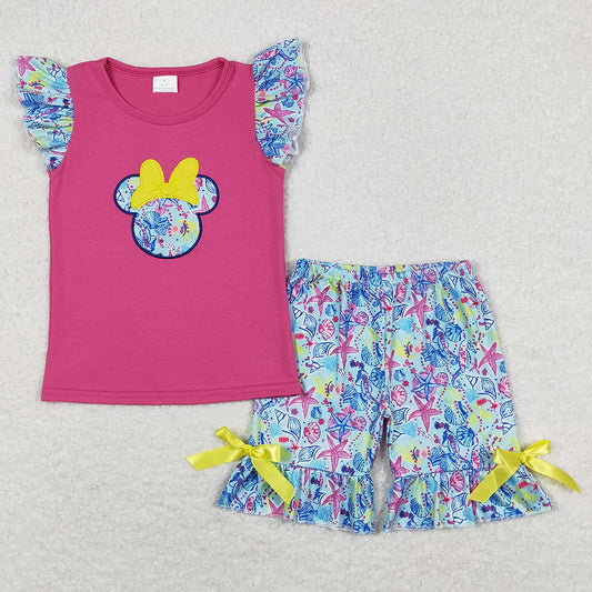 Baby Girls Clothes Cartoon Short Sleeve Shirt Top Ruffle Shorts Sets GSSO0629