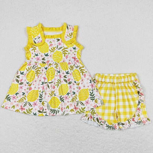 Baby Girls Clothes Lemon Flowers Tunic Ruffle Shorts Summer Sets GSSO0752