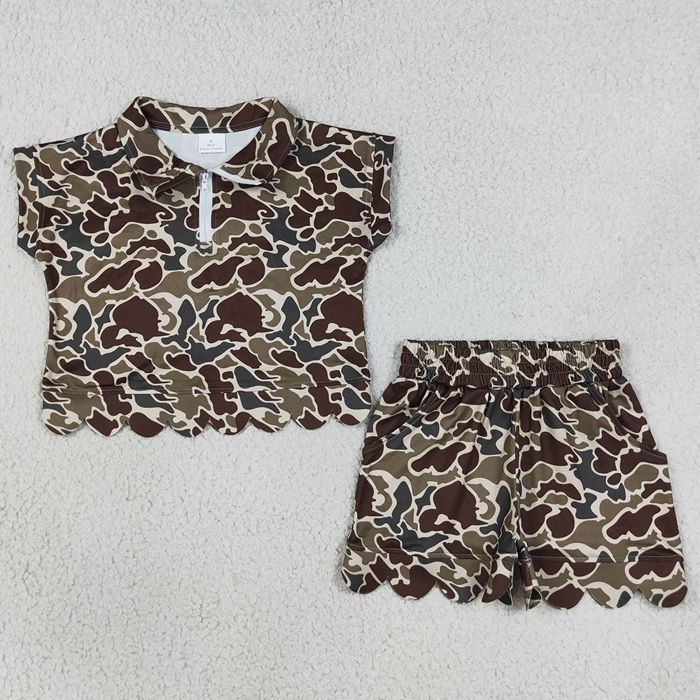 Baby Girls Clothes Southern Dark Khaki Camo Zip Top Pockets Short Scallop Clothes Sets GSSO3569