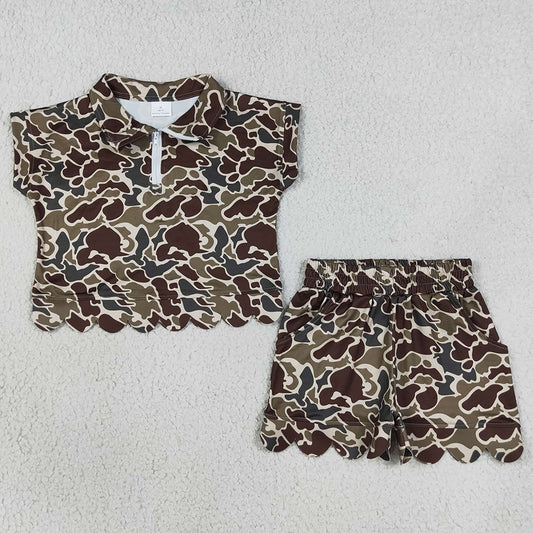 Baby Girls Clothes Southern Dark Khaki Camo Zip Top Pockets Short Scallop Clothes Sets GSSO3569