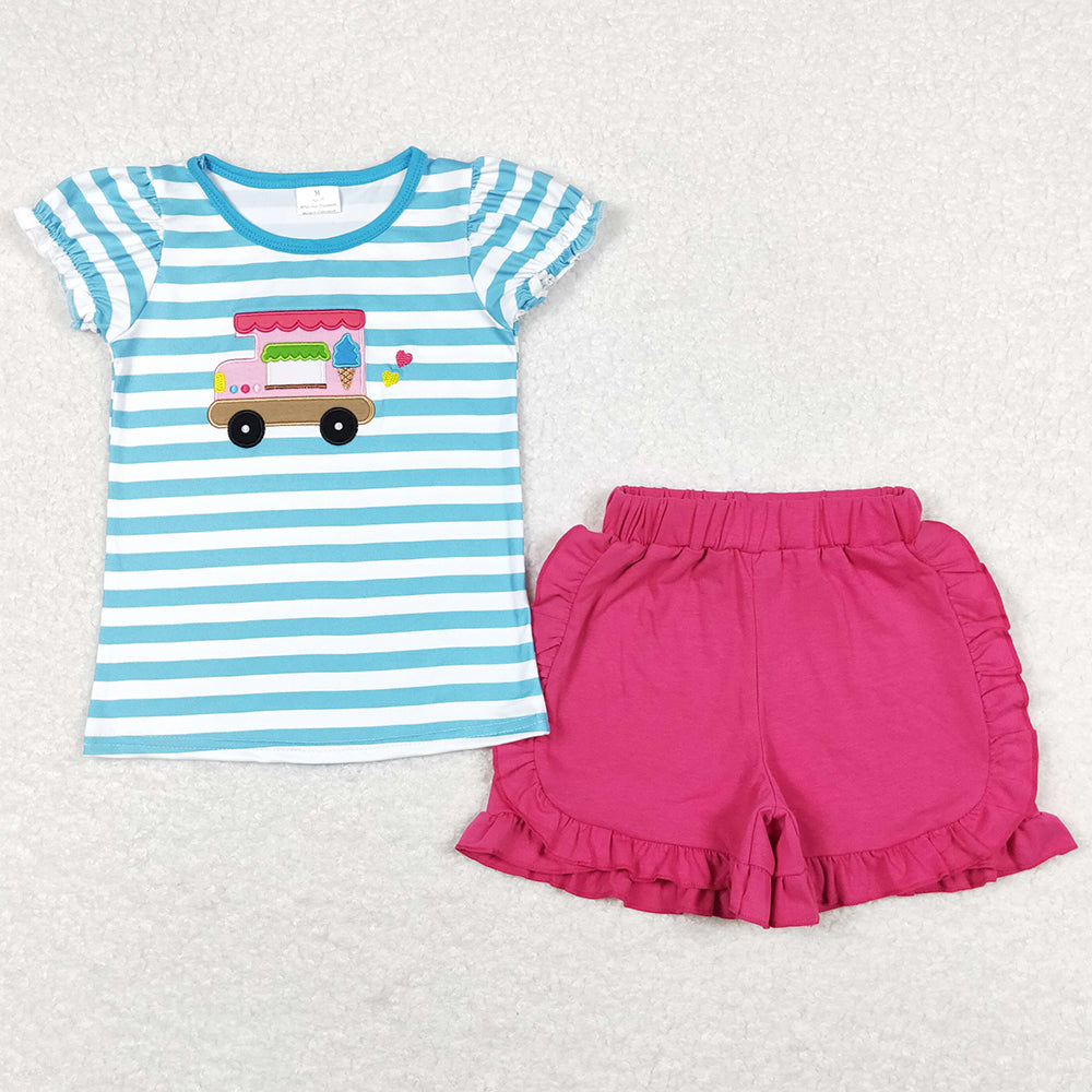 Baby Girls Clothes Popstick Car Shirt Top Ruffle Shorts Summer Sets GSSO0580