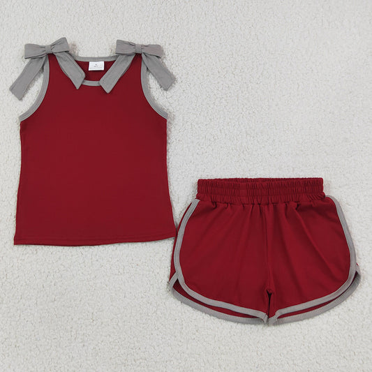 Baby Girls Clothes Grey Bows Maroon Sleeveless Top Short Clothes Sets GSSO3820
