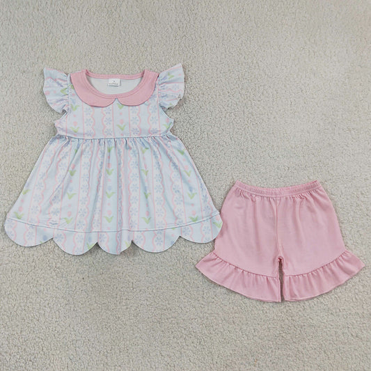Baby Girls Clothes Flowers Stripe Collar Scallop Tunic Ruffle Short Clothes Sets GSSO3490