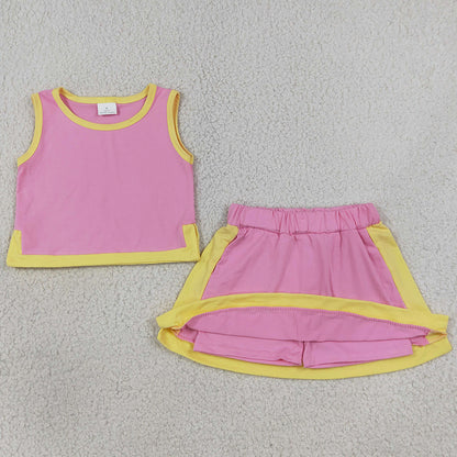 Baby Girls Clothes Pink Yellow Sleeveless Vest Top Skirt Short Clothes Sets GSD4187