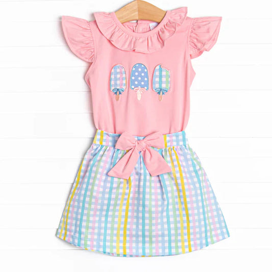 Preorder moq 5 Baby Girls Pink Flutter Sleeves Popsicle Tunic Plaid Skirts Set 4.30