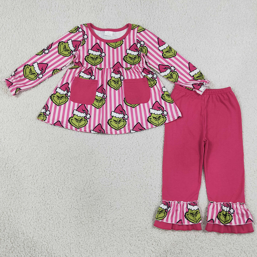 Baby Girls Clothes Pink Stripe Frogs Pockets Tunic Ruffle Pant Christmas Clothes Set GLP3458