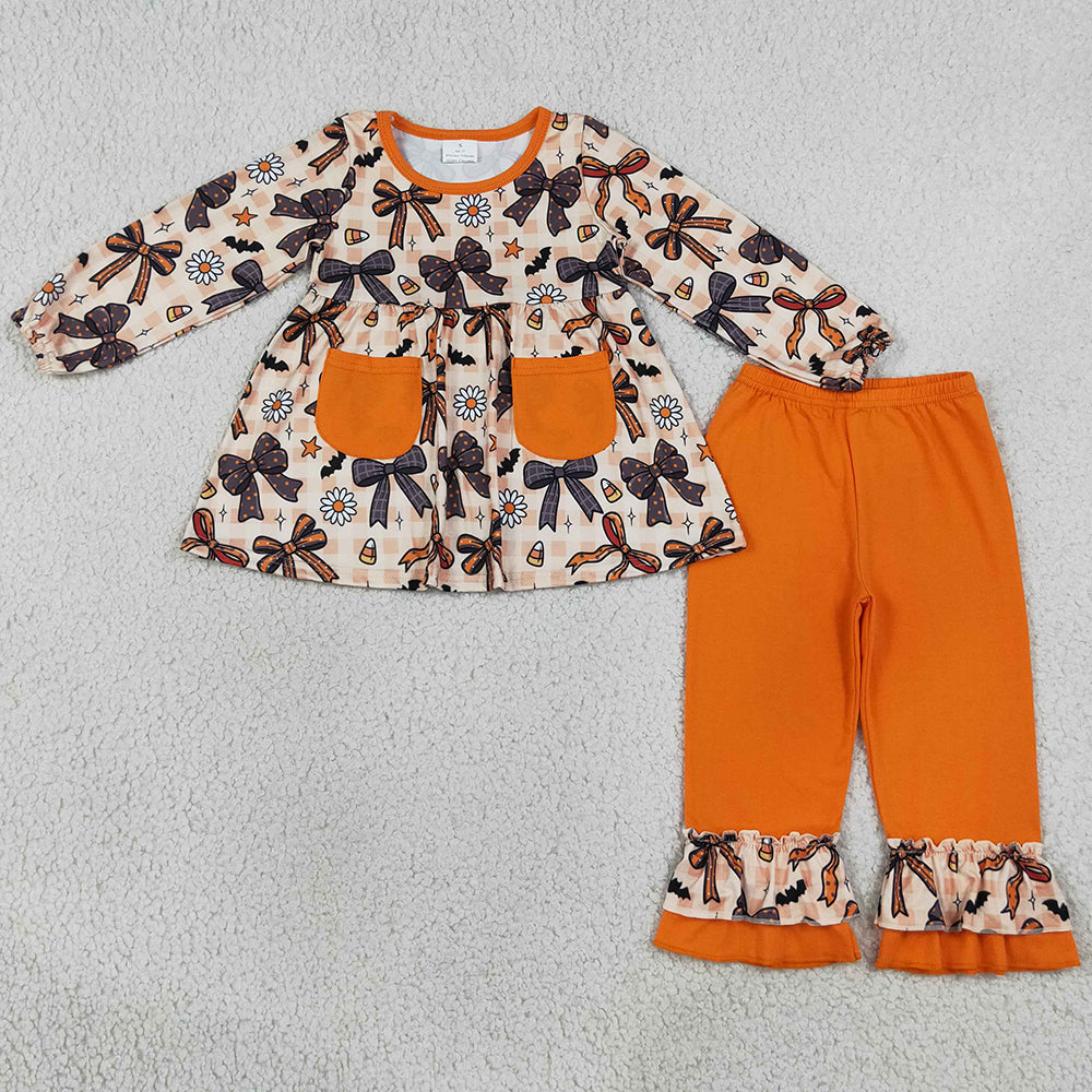 Baby Girls Clothes Bats Flowers Pockets Tunic Ruffle Pant Halloweens Clothes Sets GLP3534