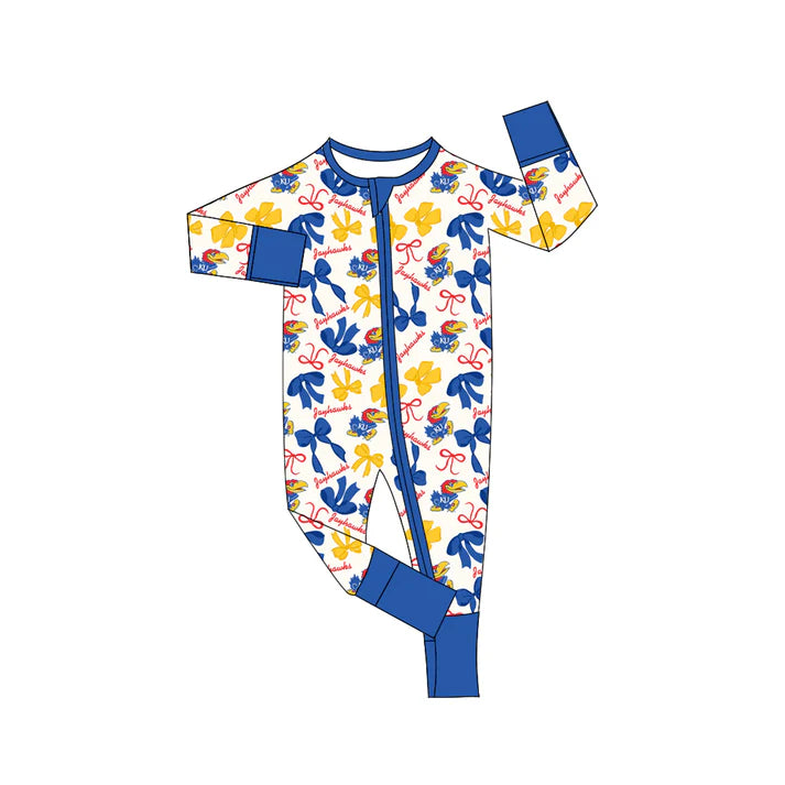 Preorder(moq 5)long sleeves K U blue bows baby team zip romper 8.22