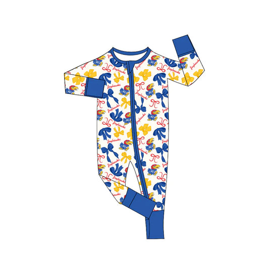 Preorder(moq 5)long sleeves K U blue bows baby team zip romper 8.22