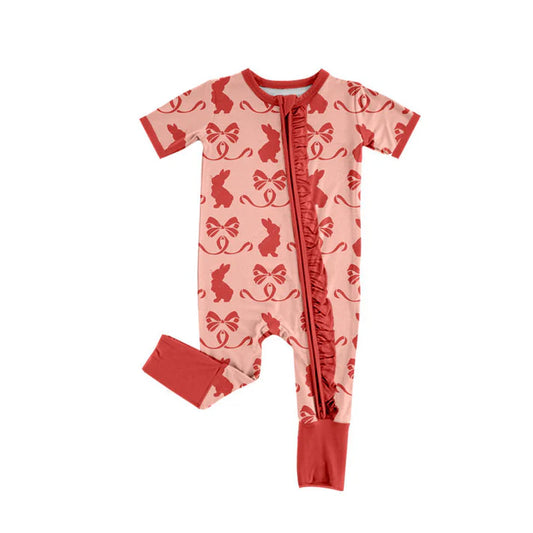 Preorder (moq 8)Baby Girls Red Bows Rabbits Easter Ruffle Zipper Footie Rompers 9.17