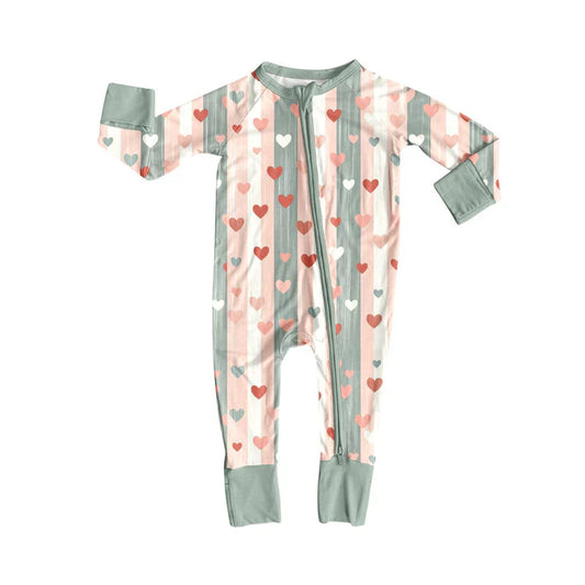Preorder (moq 5)Baby Girls Pink Aqua Stripe Hearts Valentine Zipper Footie Rompers 10.24