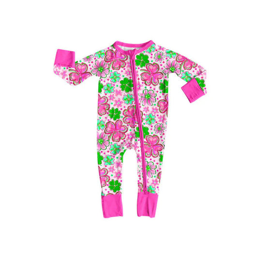 Preorder(moq 8)Baby Girls Pink Green Clovers Flowers St Patrick Zipper Footie Rompers 9.29