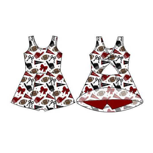 Preorder (moq 5)Baby Girls Sleeveless Red Black Bows Footballs Shorts Team Knee Length Dress 7.17