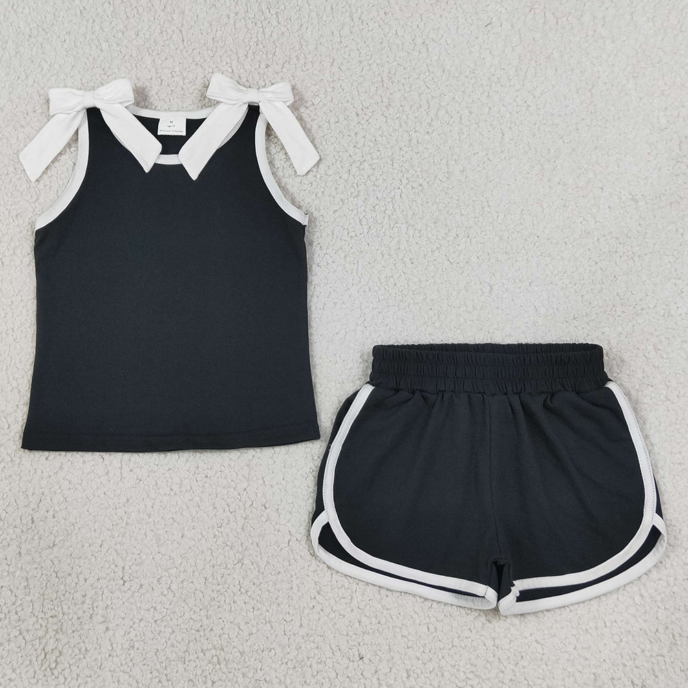 Baby Girls Clothes Black White Bows Sleeveless Top Short Clothes Sets GSSO3817
