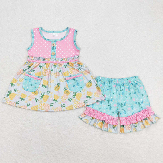 Baby Girls Clothes Lemon Sleeveless Tunic Tops Ruffle Shorts Sets GSSO0783