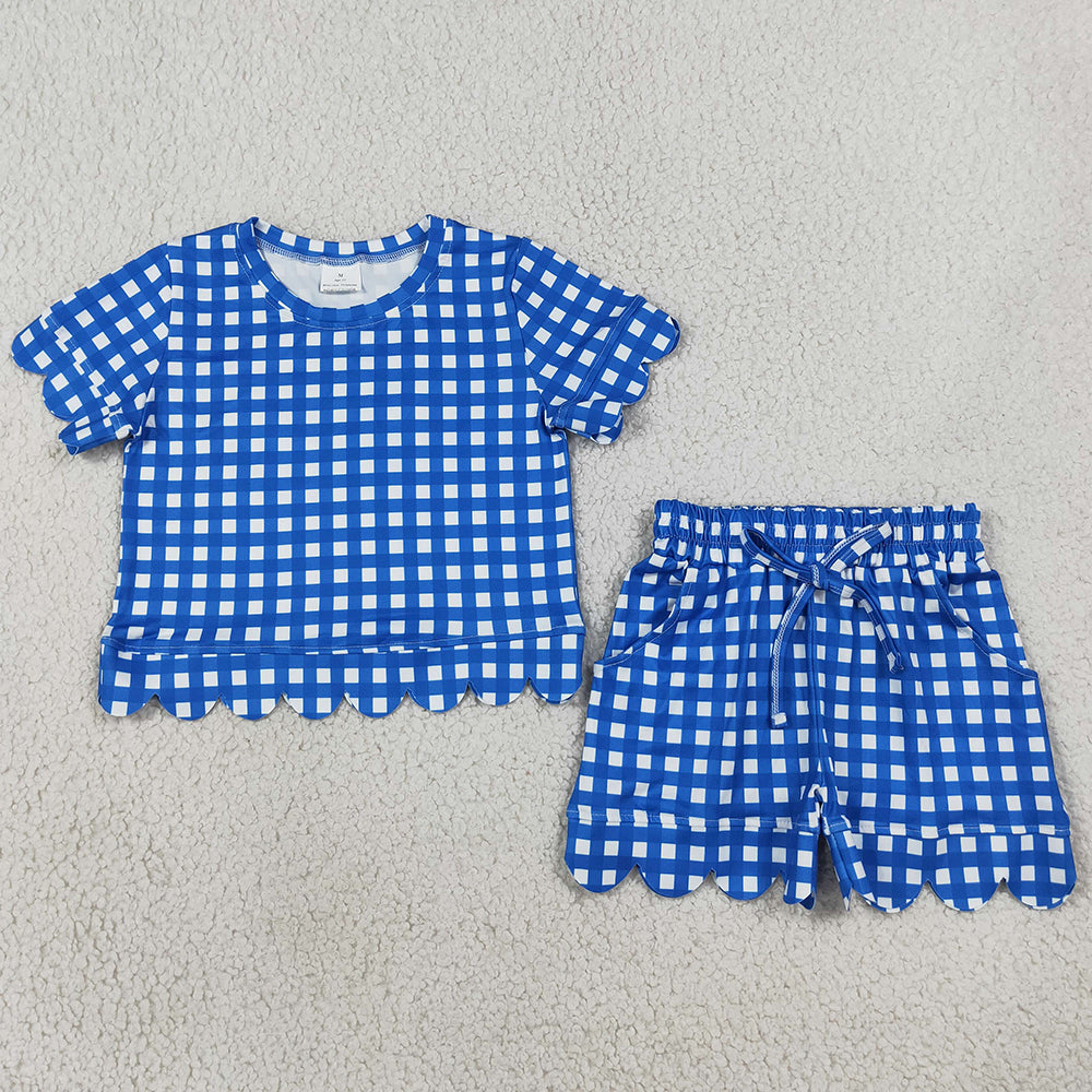 Baby Girls Clothes Hot Blue Checked Shirt Top Pockets Short Scallop Clothes Set GSSO3837