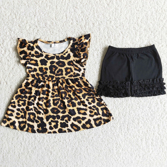 Hot Sale Kids Clothes Girls Summer Outfits Tunic Top Icing Shorts Girl Clothing Leopard Sets D6-12
